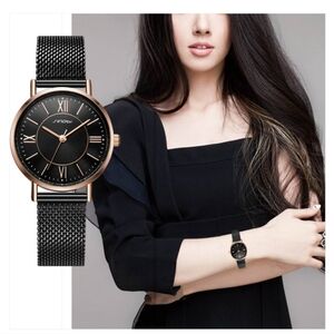 SINOBI S9799L Rose Goldtone Watch Stylish Women SS Black Mesh Band Roman Numeral